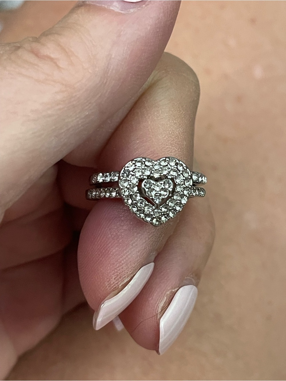 Heart Halo Double-Band Crystal Ring - Silver